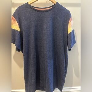 Marine Layer Blue Tee with Colorful Sleeve Stripes